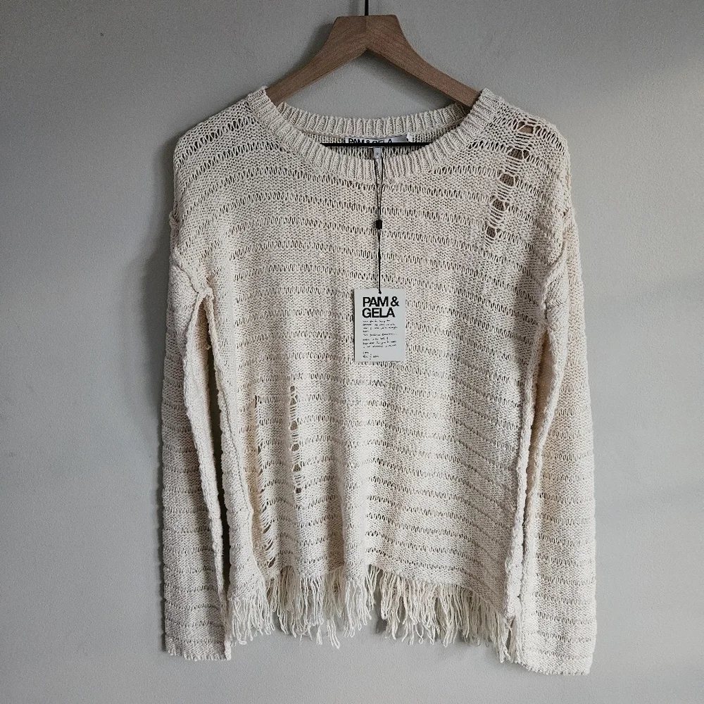Pam & Gela Cream Fringe Open Back Sweater NWT